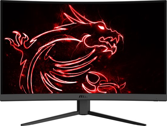Vooraanzicht van een zwarte MSI gebogen gaming monitor met rode draak op het scherm.