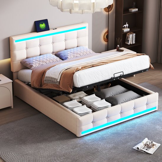 COSTWAY Bedframe 140 x 200 cm, tweepersoonsbed met ledverlichting en