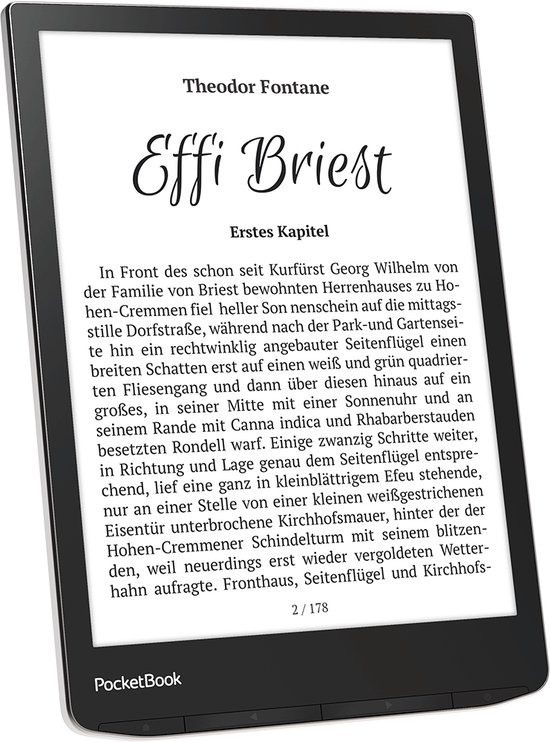 PocketBook InkPad 4 e-reader toont 'Effi Briest' op het scherm.
