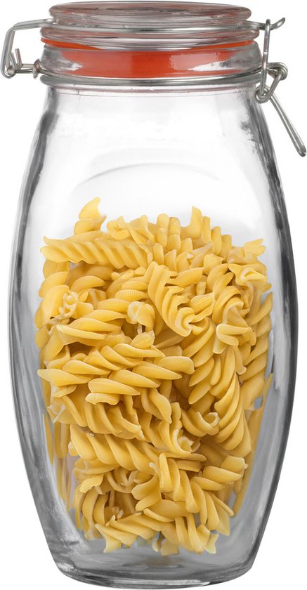Bocal en verre avec joint rouge et fermeture à levier, rempli de pâtes fusilli.