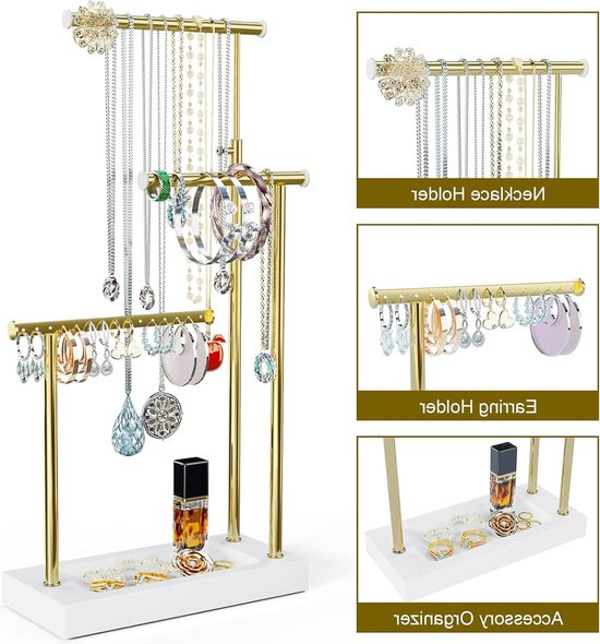 Foto: Houten sieradenstandaard kettinghouder met 3 draaibare staven 51 cm sieradenboom voor horloges kettingen armbanden en oorbellen wit en goud