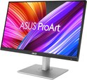 Schuin aanzicht van de ASUS ProArt monitor met levendige achtergrond en zilverkleurige standaard.
