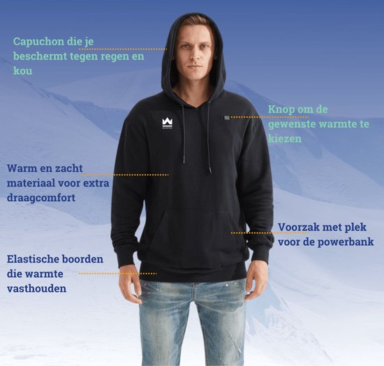 Zwarte verwarmde hoodie met capuchon, zak voor powerbank, elastische boorden en controleknop.