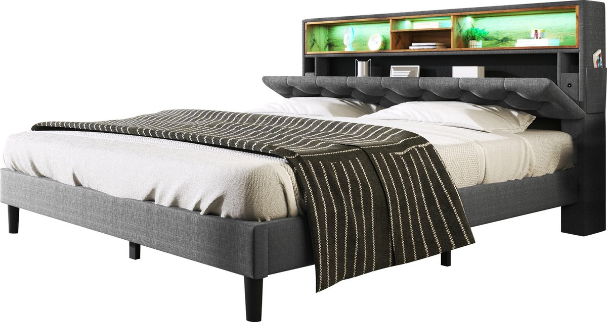 Merax Gestoffeerd Bed met LED Verlichting en Stauraum Hoofdbord - 140 x 200 cm - Grijs - Zonder Matras