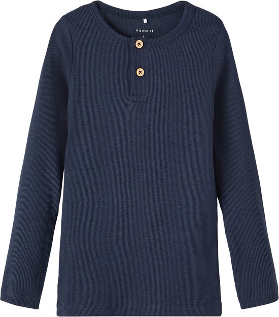 Donkerblauwe longsleeve top met ronde hals en twee knopen.