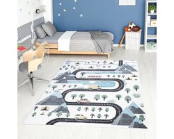 Kindertapijt Koho Straten & Spelen met Auto Crème Vloerkleed - 80x150cm- Kinderkamer - Babykamer - Baby - Kids - Jongens en Meisjes - Kinderen