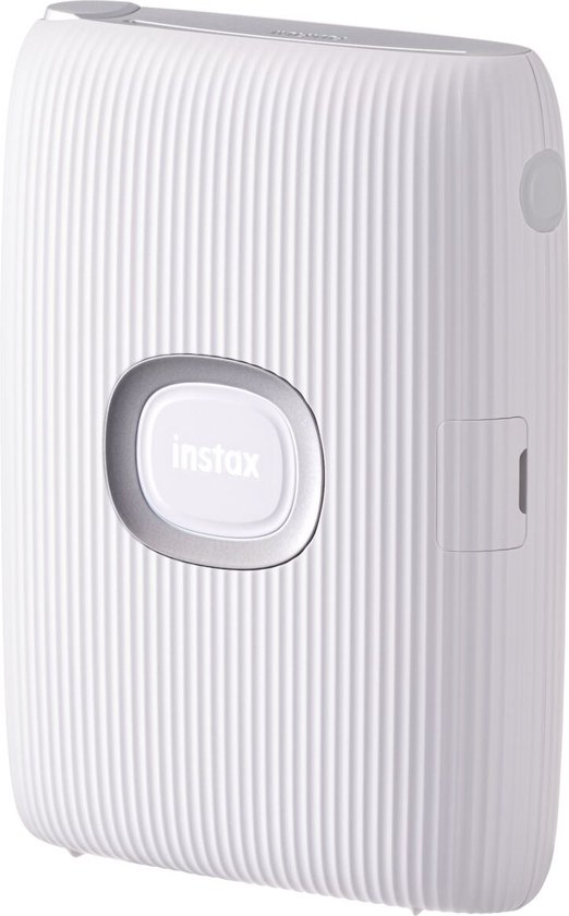 Witte Instax Mini Link 2 printer met verticale ribbels en zilverkleurig omlijst 'instax'-logo.
