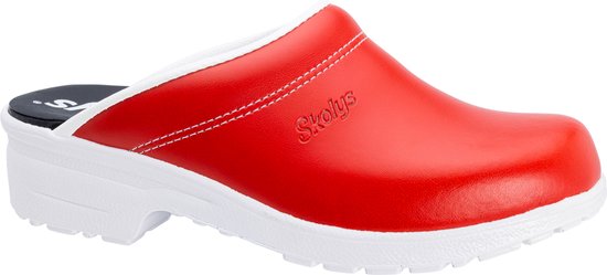 Zij aanzicht van een rode Skolys klomp met witte bies en zool.