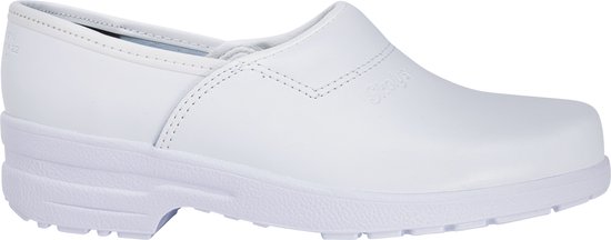 Witte Skolys werkklomp, zijkant met stiksels en logo.
