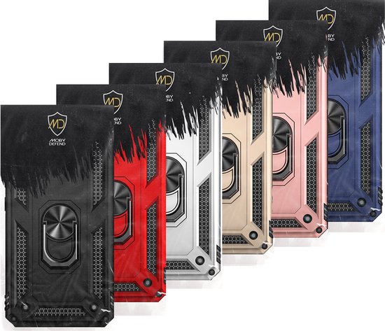 Rij van MobyDefend telefoonhoesjes in zwart, rood, zilver, goud, roze en blauw.