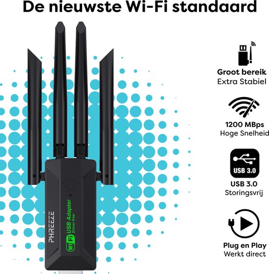 Zwarte WiFi USB adapter met 4 antennes en iconen voor bereik, snelheid en USB 3.0. Tekst "De nieuwste Wi-Fi standaard".