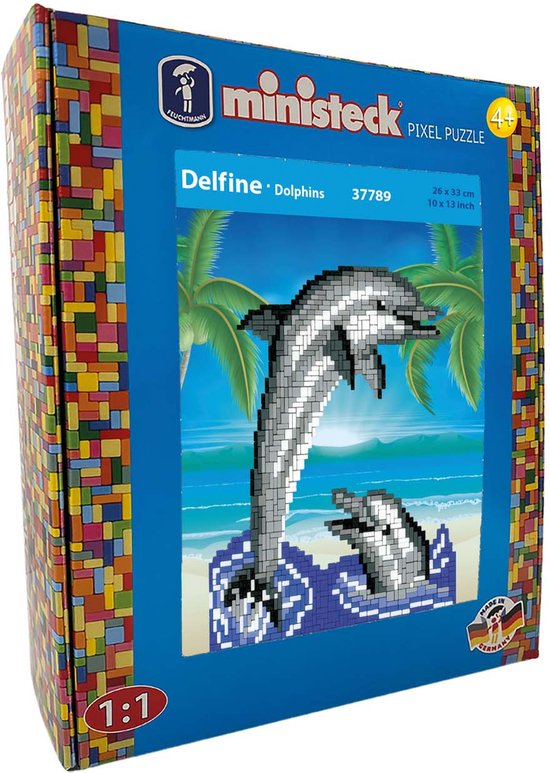 Ministeck pixel puzzel met dolfijnen op het strand, 26 x 33 cm.