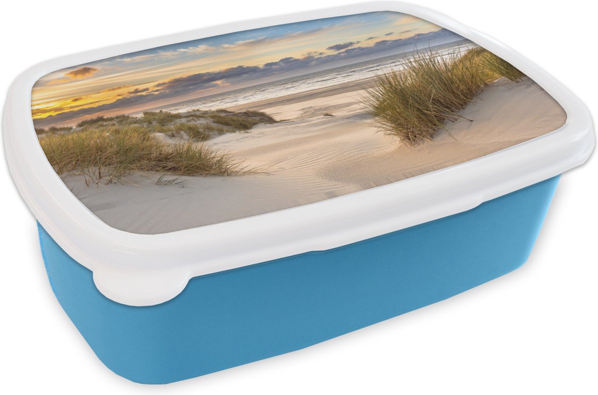 Broodtrommel Blauw - Lunchbox Strand - Duin - Gras - Zonsondergang - Zee - Brooddoos 18x12x6 cm - Brood lunch box - Broodtrommels voor kinderen en volwassenen