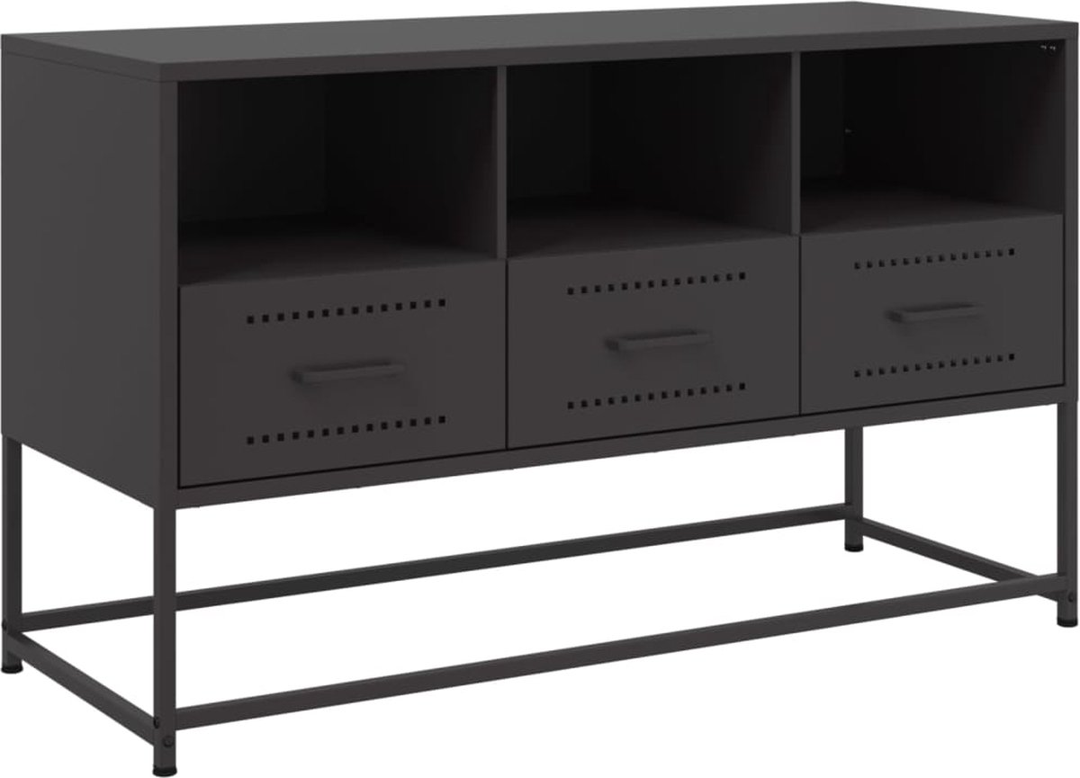 Meuble TV En Acier Noir 100,5x39x60,5 Cm - 2 Portes, 2 étagères, Support 80 Kg, Design Industriel