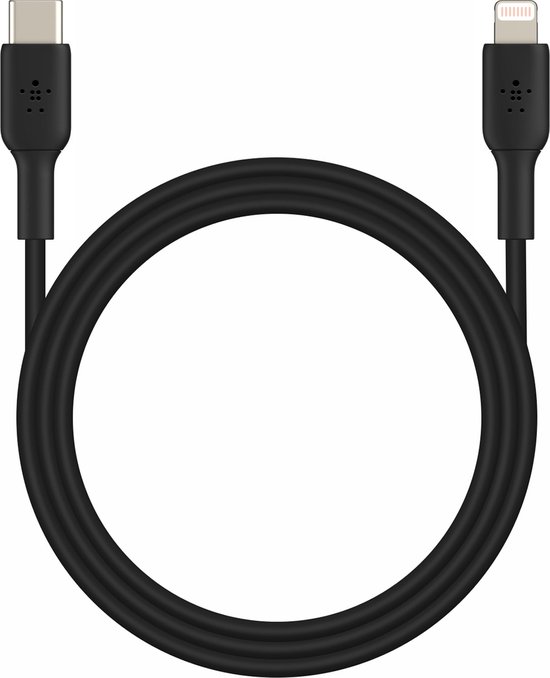 Câble Belkin USB-C vers Lightning noir, disposé en cercle.