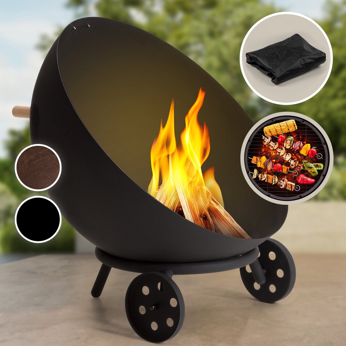 Blumfeldt Fireball Egon Vuurschaal Ø 66 cm Outdoor stalen vuurschaal Voor balkon tuin en camping Mobiele Vuurschaal 70 cm hoog Met wielen Weerbestendige vuurschaal voor de tuin Zwart