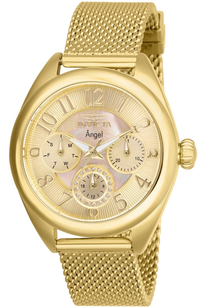 Invicta Angel 27455 Dames Horloge - Waterdicht - Analoog - Quartz Uurwerk - Roestvrij Staal met gouden Wijzerplaat - 35mm