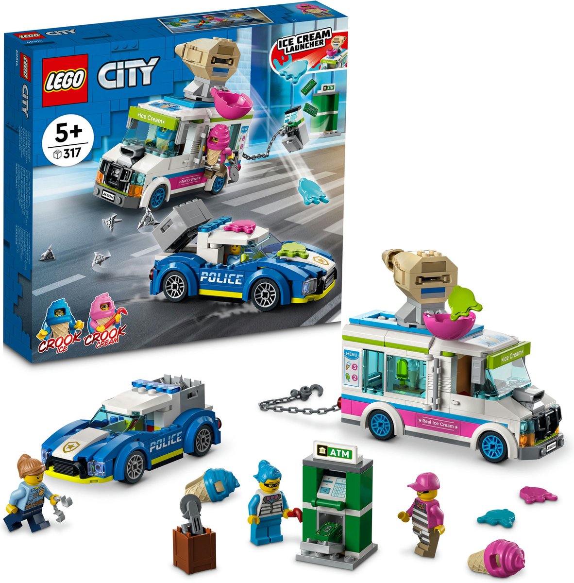 LEGO® City IJswagen politieachtervolging 60314 bouwset voor kinderen vanaf 5 jaar; met een ijswagen met kledderschieter, een onderscheppingsvoertuig van de politie, een geldautomaat en 2 personages uit de LEGO City tv-serie (317 onderdelen) — afbeelding 16