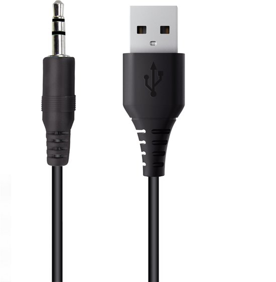 Zwarte 3.5mm audio jack plug en USB-stekker op zwarte kabels.