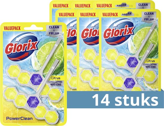 Foto: Glorix power clean toiletblok citroen geeft je een langdurig schoon en fris toilet 7 x 2 stuks