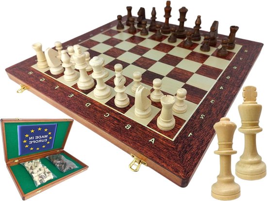 Foto: Senator luxe houten schaakset 42 x 42 cm inklapbaar schaakspel schaakbord met schaakstukken handgemaakt in polen chess board set