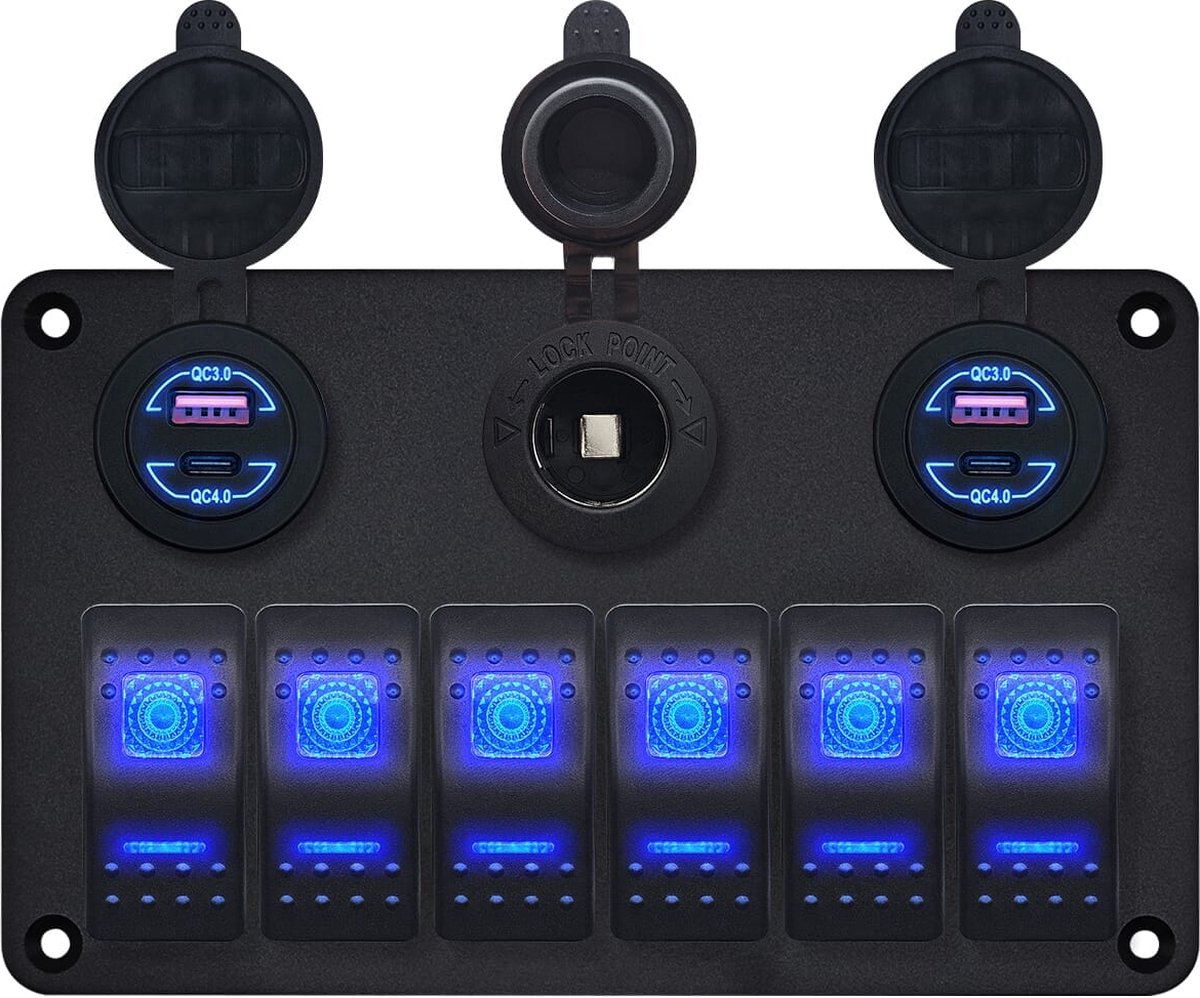 ProRide Schakelpaneel 12V voor Auto/Boot - 4 USB Poorten - QC4.0 - 6 schakelaars + 12V/24V stopcontact