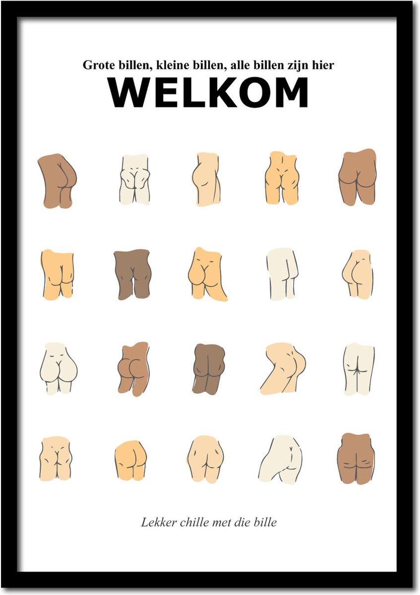 Plakkers Toilet - WC poster grappig "Grote billen, kleine billen, alle billen zijn hier WELKOM" - Billen Poster - 21cm x 30cm a4 Full-colour