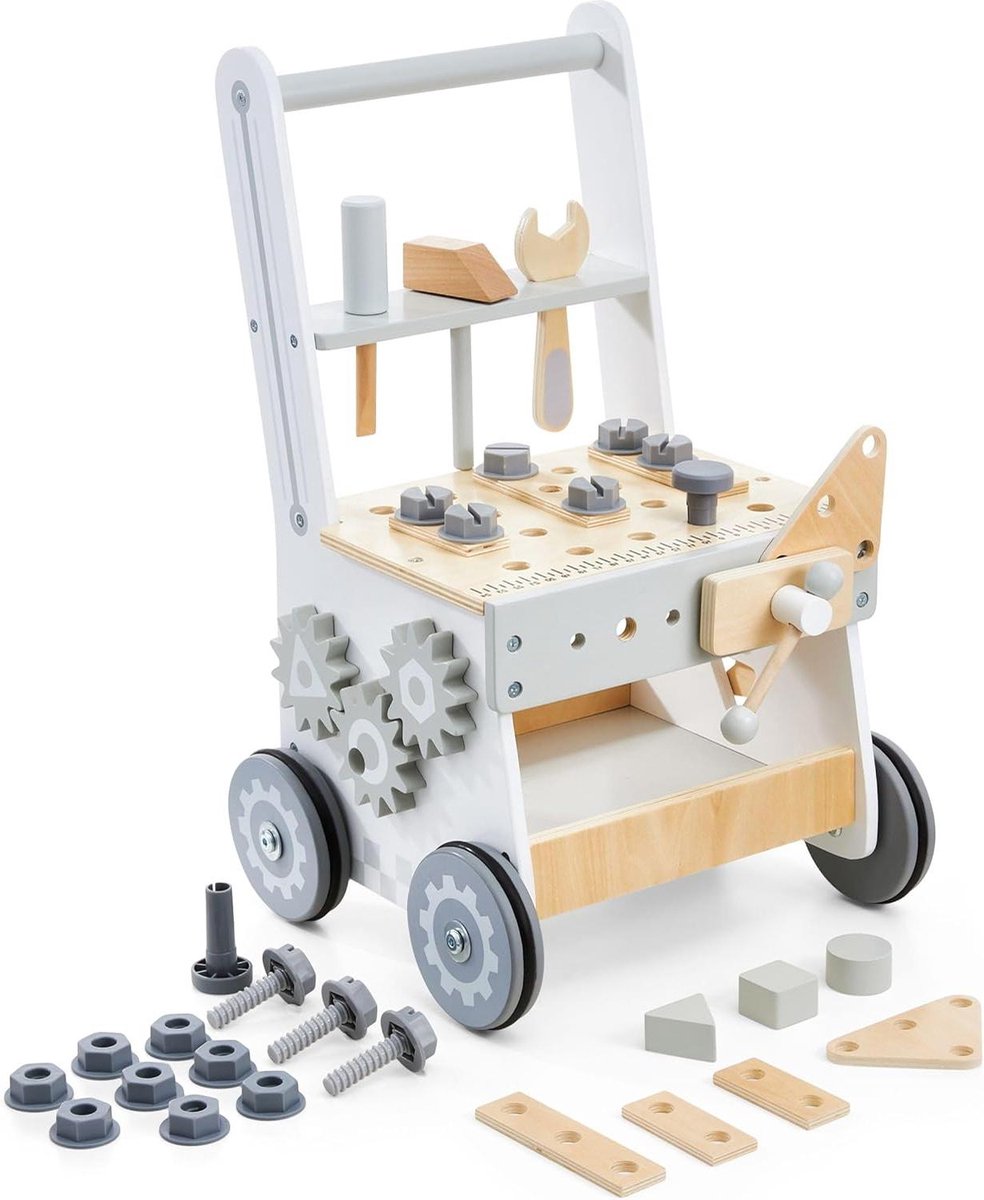 Loopwagen baby houten loopwagen voor kinderen 3 in 1 kinderwagenwerkplaats met accessoires 47 elementen ruiter sorteerder kinderwagen om te leren lopen grijs loopwagen baby