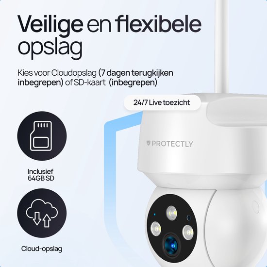 Protectly® Beveiligingscamera Buiten – 3K HD 5MP - 64GB SD - Buiten Camera Met Nachtzicht – Buitencamera - Bewakingscamera voor Buiten- Met WiFi en APP - Wit