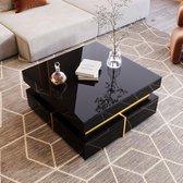 Sweiko Salontafel, Gladde Woonkamer Tafel, Hoogglans, Bijzettafel met laden en gouden decoratie, Zwart