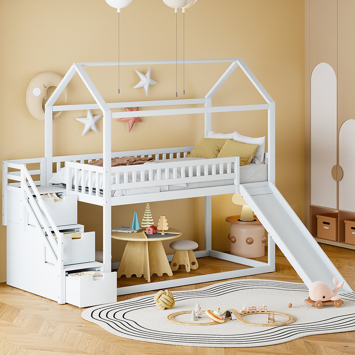 KOMHTOM Stapelbed Kinderbed 90x200 cm met glijbaan en opbergladder hoge omheining constructie wit