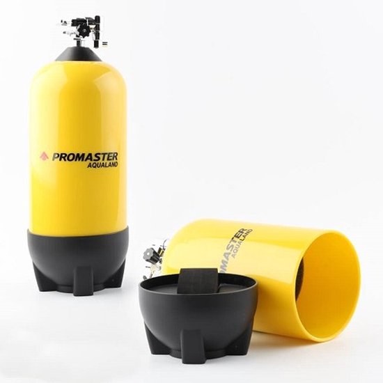 Gele Promaster Aqualand duikfles met zwarte basis en deksel.