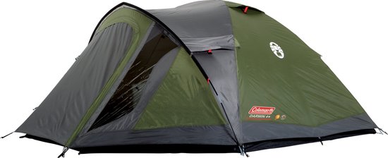 Grijze en groene Coleman Darwin 4+ koepeltent met twee ingangen, op witte achtergrond.