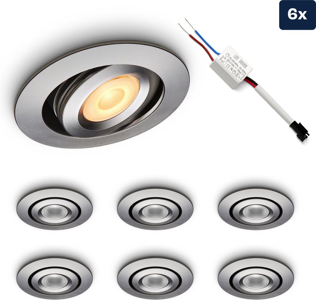 Ledisons LED inbouwspot Piccolo set 6 stuks zilver dimbaar Ø52 mm 3 jaar garantie 2700K (extra warm-wit) 175 lumen 3 Watt IP44