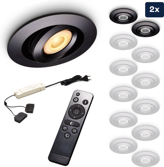 Foto: Ledisons led inbouwspot piccolo 3w spot set van 2 stuks met afstandsbediening dimbaar spotje extra warm wit ip44 geschikt als badkamer lamp plafondlamp zwart 52 mm