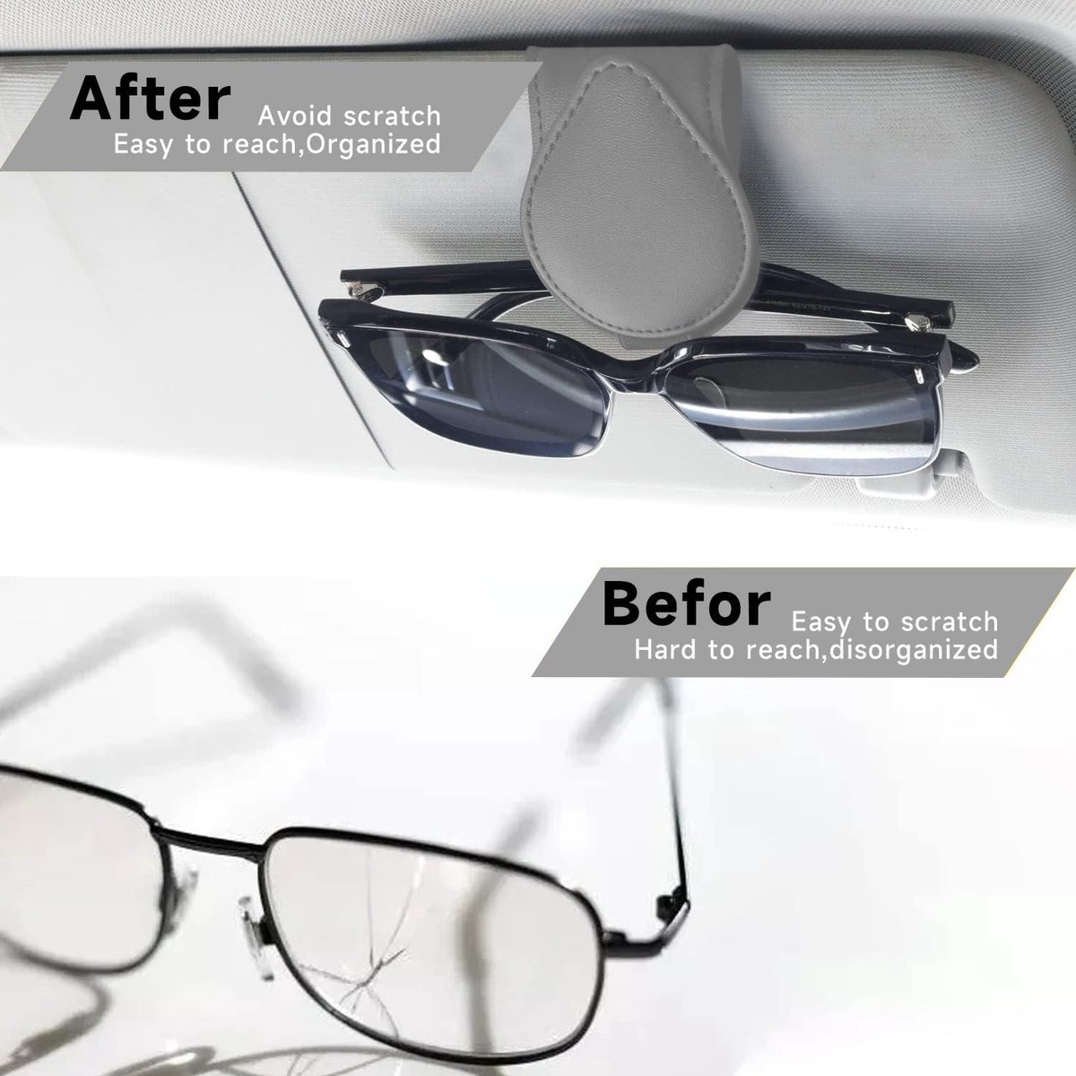 AOWIS 2-Pack Magnetic Sunglasses Holder For Car Visor - Leather Clip With Ticket Slot (Grey)
