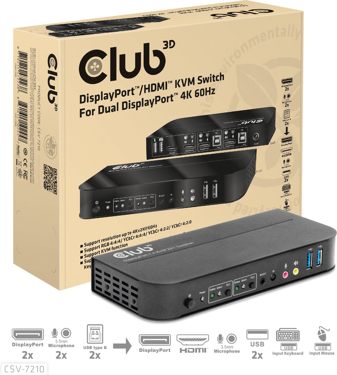 CLUB3D DisplayPort/HDMI KVM Switch For Dual DisplayPort 4K 60Hz