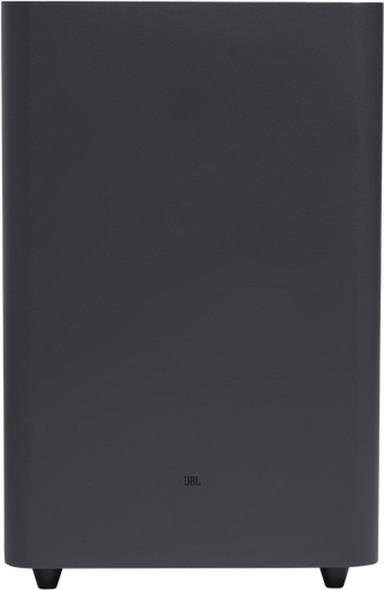 Zwarte JBL subwoofer, frontaal aanzicht.