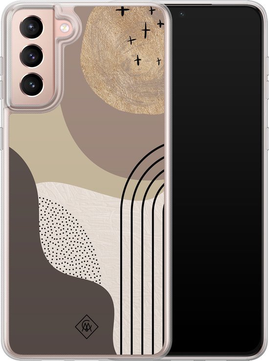 Coque Casimoda® - Convient pour Samsung Galaxy S21 Plus - Amande abstraite - Coque 2 en 1 - Antichoc - Motif géométrique - Bords relevés - Marron/beige, Transparent