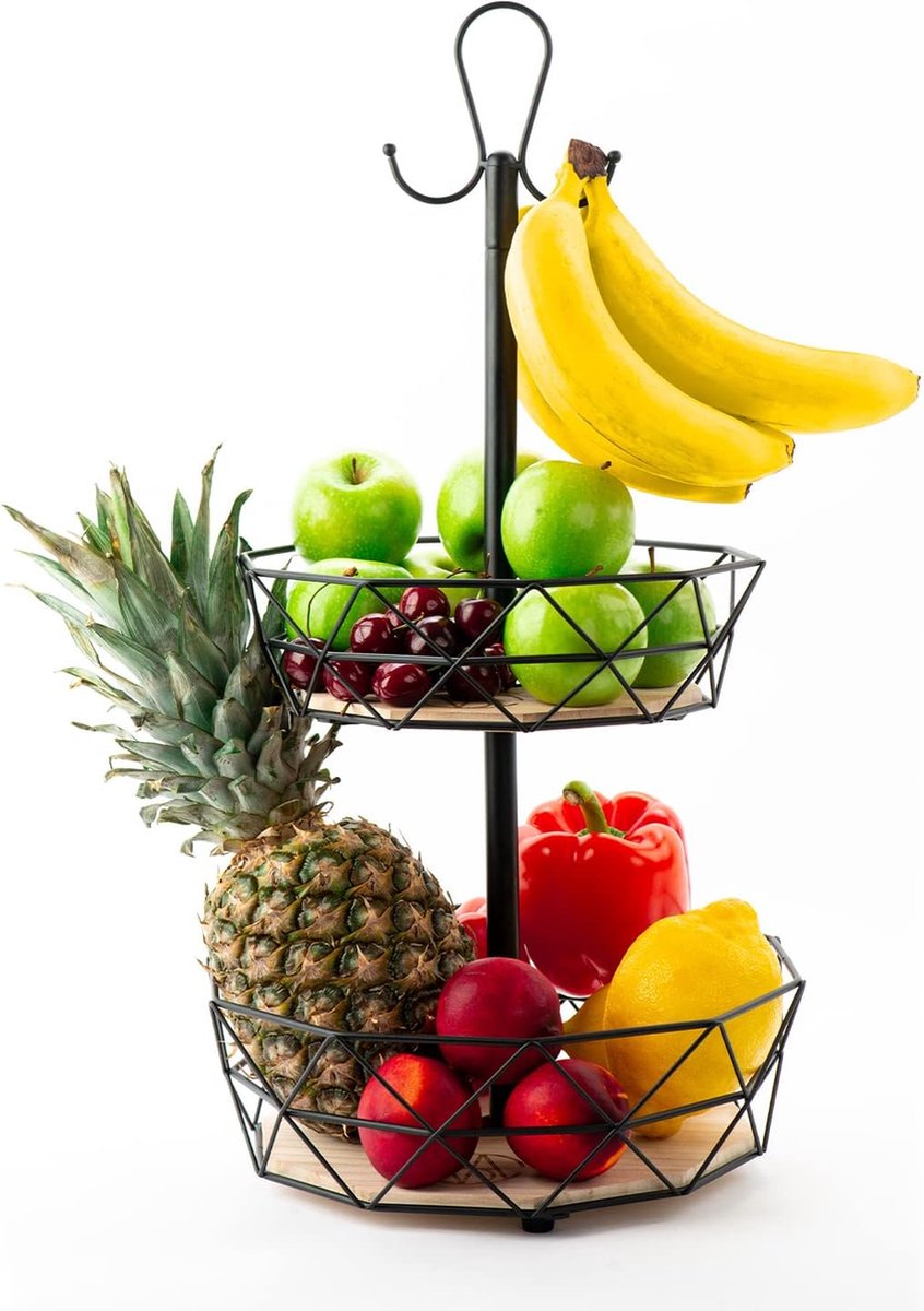 Fruitschaal 2 niveaus – Fruitschaal voor meer ruimte op het werkblad – Fruitschaal Taartschaal – Decoratieve fruitmand met bananenhaken
