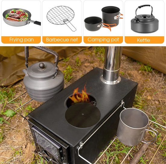 Tentkachel, inklapbare houtkachel voor buiten, campingkooktoestel met schoorsteenbuizen, tuinoven, outdoor oven, campingoven, voor vissen, kamperen, kokend water, grillen, roeren van pannen en