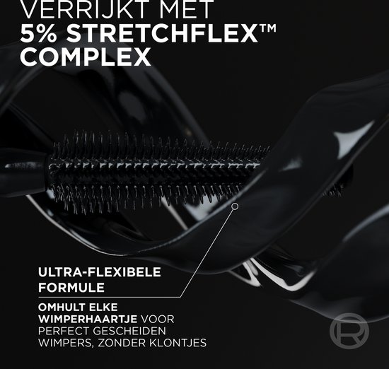 Zwarte mascara borstel met zwarte vloeistof. Tekst: 'VERRIJKT MET 5% STRETCHFLEX COMPLEX'.