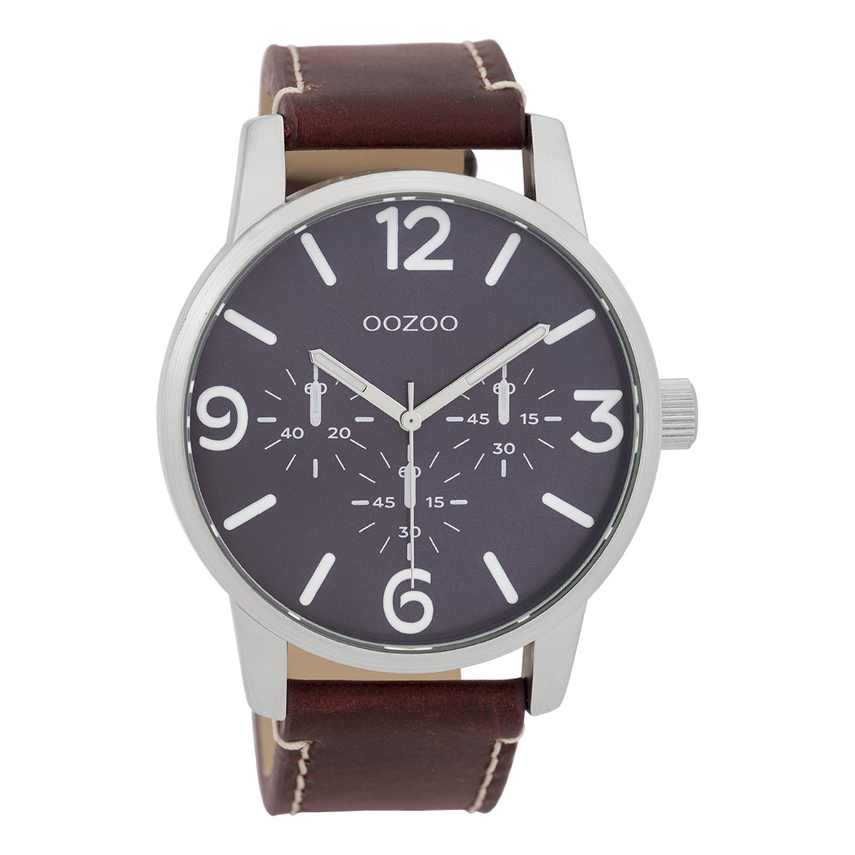 OOZOO Timepieces - Zilverkleurige horloge met roodbruine leren band - C9651