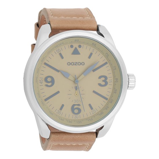 OOZOO Timepieces - Zilverkleurige horloge met camel leren band - C7065