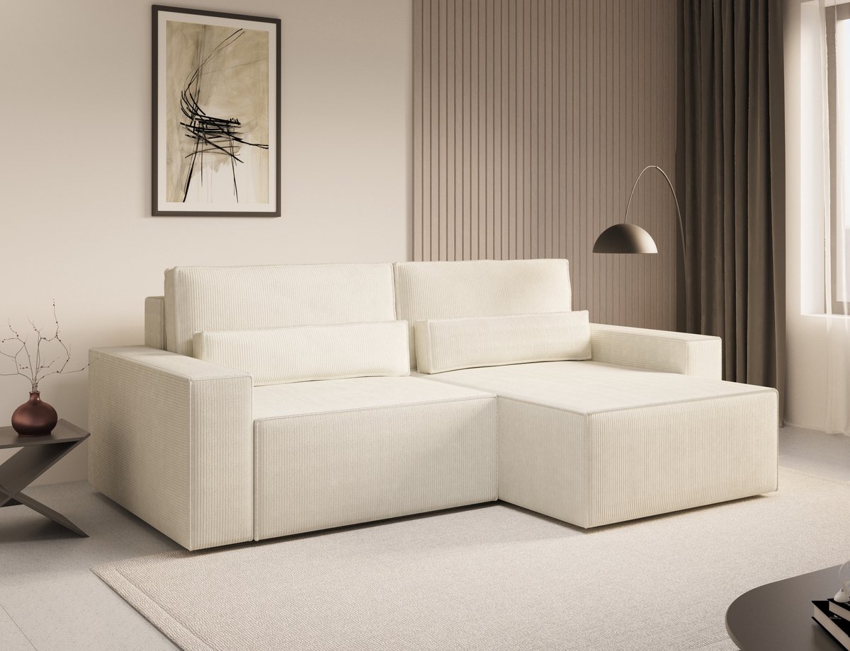 Ecksofa DENVER MINI aus Cord, Ottomane beidseitig montierbar Couch CInspireME Denver Mini Hoekbank - Slaapfunctie - 200x140 cm - Corduroy Stof - Wit - Poso 38