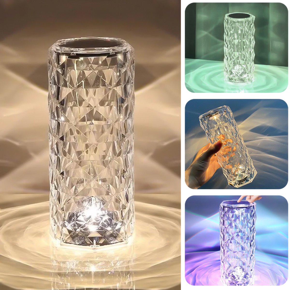 PROKING Kristal Lamp – Luxe tafellamp met speciaal effect – Sfeerlamp met afstandsbediening en touch bediening – Oplaadbaar – Diamond lamp