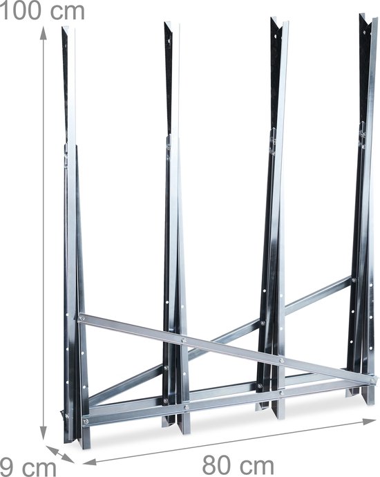 Een inklapbare metalen zaagbok met afmetingen van 100 cm hoogte, 9 cm diepte en 80 cm breedte, op een witte achtergrond.