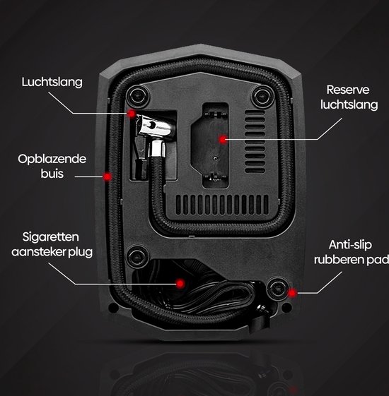 Olvy Compressor Bandenpomp - Luchtcompressor 12V - Elektrische Bandenpomp - Fiets/Auto/Motor/Bal/Luchtbed - Met 4 Opzet Stukken