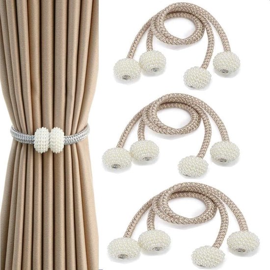 Attaches de rideaux magnétiques, 6 pièces, supports de fenêtre en Ball de Pearl , pinces à rideaux, corde avec aimants pour la maison, le bureau, la décoration de fenêtre (beige)