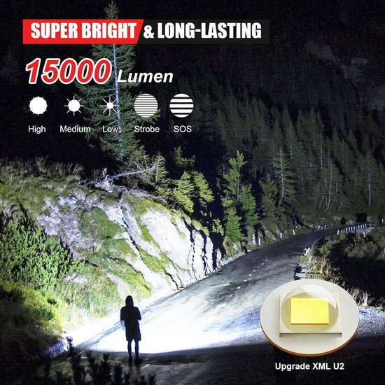 JONSDANY Led-zaklamp Oplaadbaar15.000 lumen, IP68 Waterdicht,5 Verlichtingsmodi, Zoombaar Noodgevallen Zaklampen JONSDANY Led-zaklamp Oplaadbaar15.000 lumen, IP68 Waterdicht,5 Verlichtingsmodi, Zoombaar Noodgevallen Zaklampen